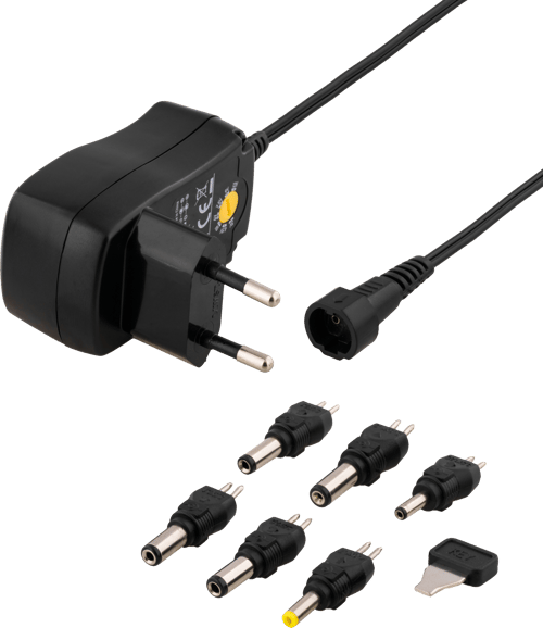 Deltaco Strømadapter 230v Til 3-12v Dc 600mah, Udskiftelige Stik Sort billede