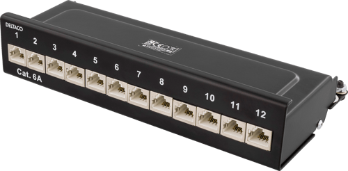 Deltaco Patch Panel, 12 Porte, Cat6a, Sort Sort Cat 6a billede