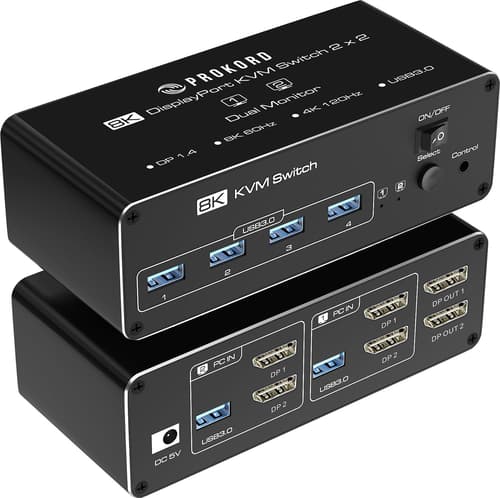 Prokord Kvm-kytkin 2-porttinen Displayport Usb 3.0 8k Dual Display (2 Tietokonetta, 2 Näyttöä)