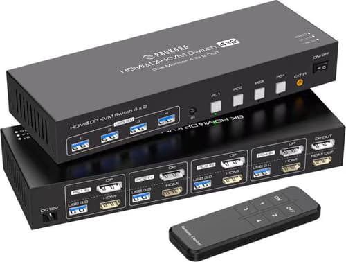Prokord Kvm-kytkin 4-porttinen Dual Monitor Hdmi & Displayport Usb 3.0 4k (4 Tietokonetta, 2 Näyttöä)