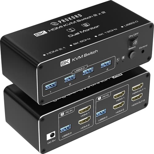 Prokord Kvm-kytkin 2-porttinen Dual Monitor Hdmi Usb 3.0 8k (2 Tietokonetta, 2 Näyttöä)