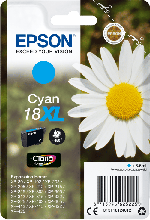Epson 18XL - 6.6 ml - XL - cyan - original - blækpatron - for Expression Home XP-212, 215, 225, 312, 315, 322, 325, 412, 415, 422, 425