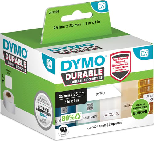 DYMO LabelWriter Durable etiketter 25 × 25 mm - hvid PP, 2 ruller á 850