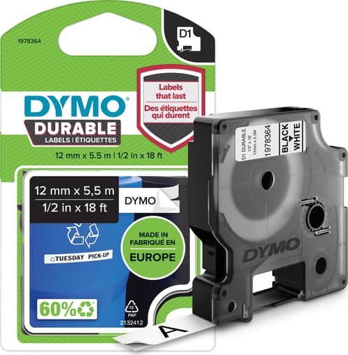 Dymo Tape D1 12mm Sort/hvid Durable
