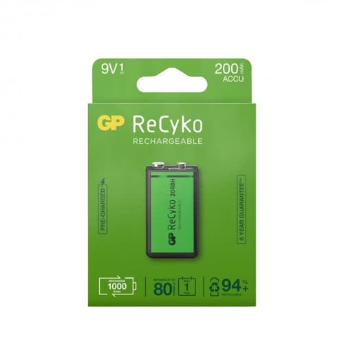Produktfoto för GP Batteries ReCyko, Laddningsbart batteri, 9V, Nickel-metallhydrid (NiMH), 8,4 V, 1 styck, 200 mAh