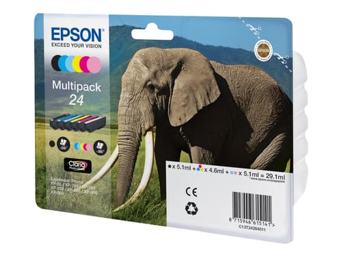 Epson Elephant C13t24284011 Blækpatron 6 Stk Original Standard Udbytte Sort, Blå, Lys Cyan, Magenta, Lys Magenta, Gul