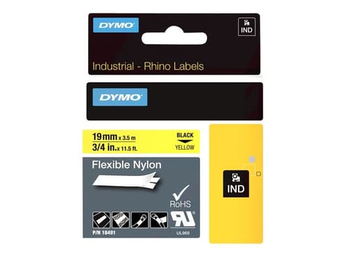 Dymo Tape Rhinopro Fleksibel Nylon 19mm Sort/gul billede