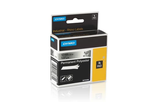 Dymo Tape Rhinopro Permanent Polyesterester 12mm Sort/metallisk billede