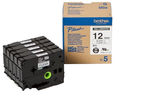 Brother HGE-131V5 - Musta kirkkaalla - Rulla (1,2 cm x 8 m) 5 kasetti(t) laminoitua teippiä - P-Touch PT-9500pc, PT-9800PCN P-Touch R RL-700S P-Touch R RL-700S:lle