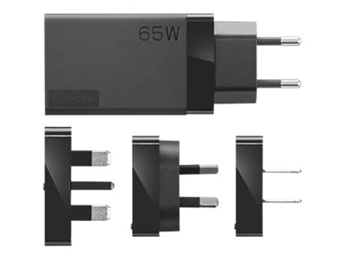 Lenovo 65 W USB-C rejseadapter - 5/9/15/20 V, sort med 4 internationale adapterstik
