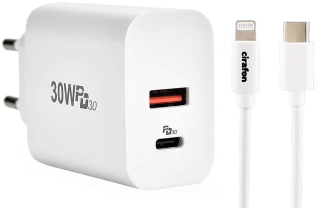 Cirafon Wall Charger 30W USB C/A + Cm To Lightning Cable Valkoinen