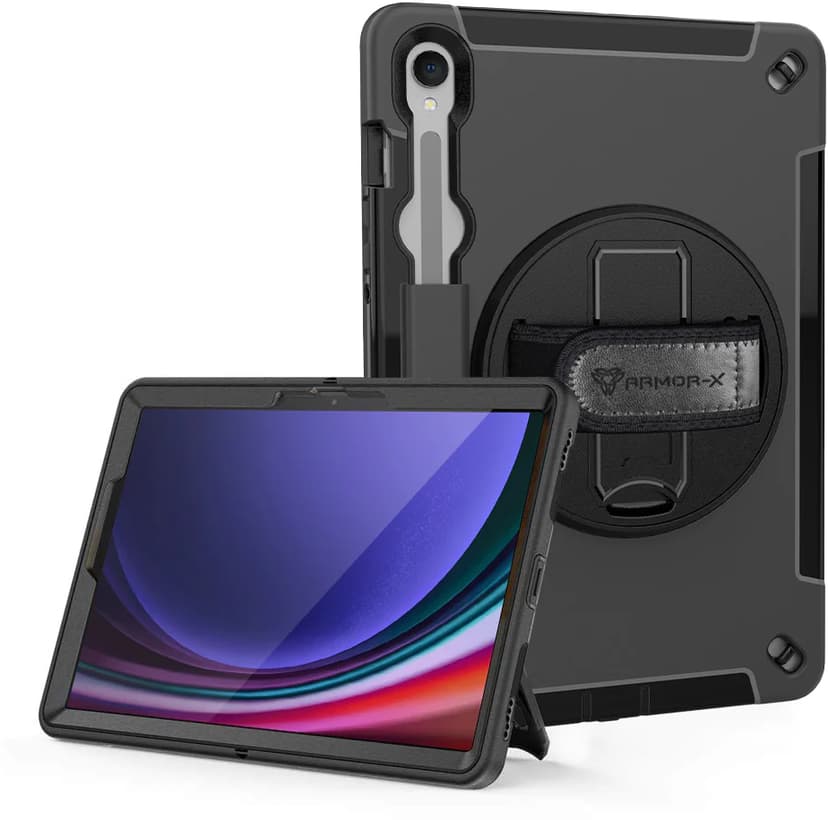 ARMOR-X Rainproof Military Grade Rugged Case With Hand Strap And Kick-stand  Samsung Galaxy Tab S9 Musta