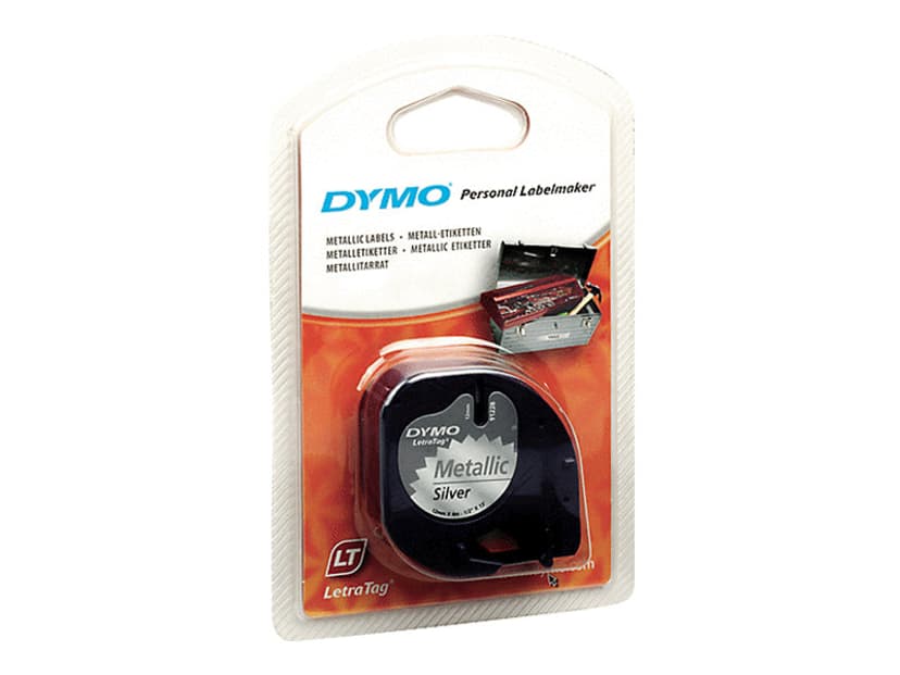 Dymo Tape LetraTag 12mm Musta/Metallinen Hopea
