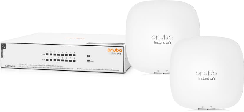 Aruba Instant On 1430 8-Port Gigabit PoE 64W Switch + 2X Aruba Instant On AP22 Indoor 2x2 WiFi 6 AP