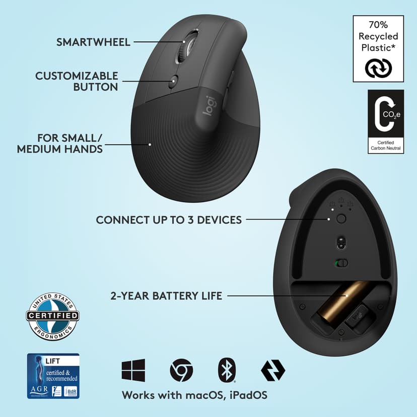 Logitech Lift Vertical Ergonomic Mouse RF Wireless + Bluetooth 4000dpi