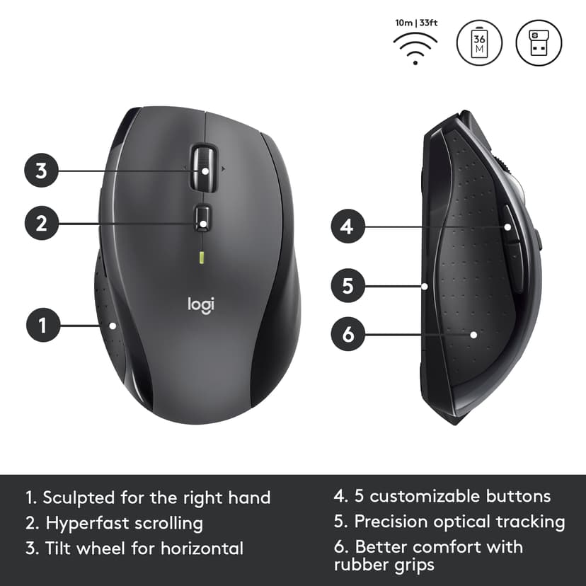 Logitech M705 Langaton Hiiri Harmaa, Musta