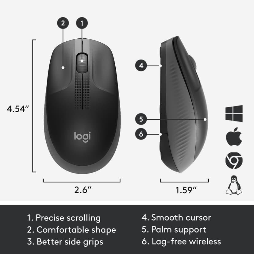 Logitech M190 Full-Size Wireless Mouse - Charcoal Langaton RF 1000dpi