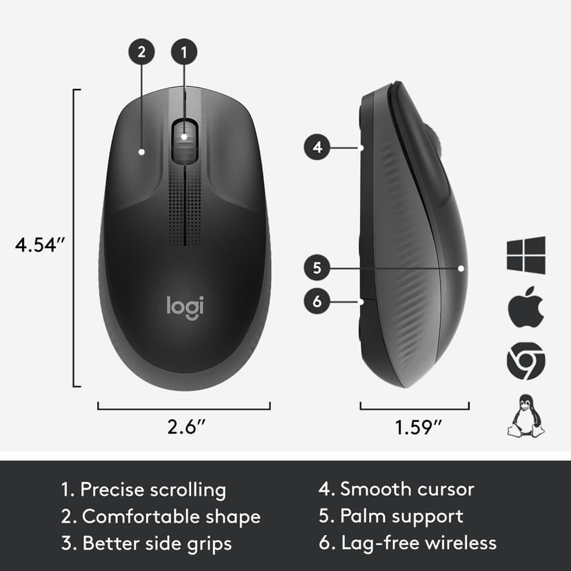 Logitech M190 Full-Size Wireless Mouse - Charcoal Trådlös 1000dpi Mus Grå
