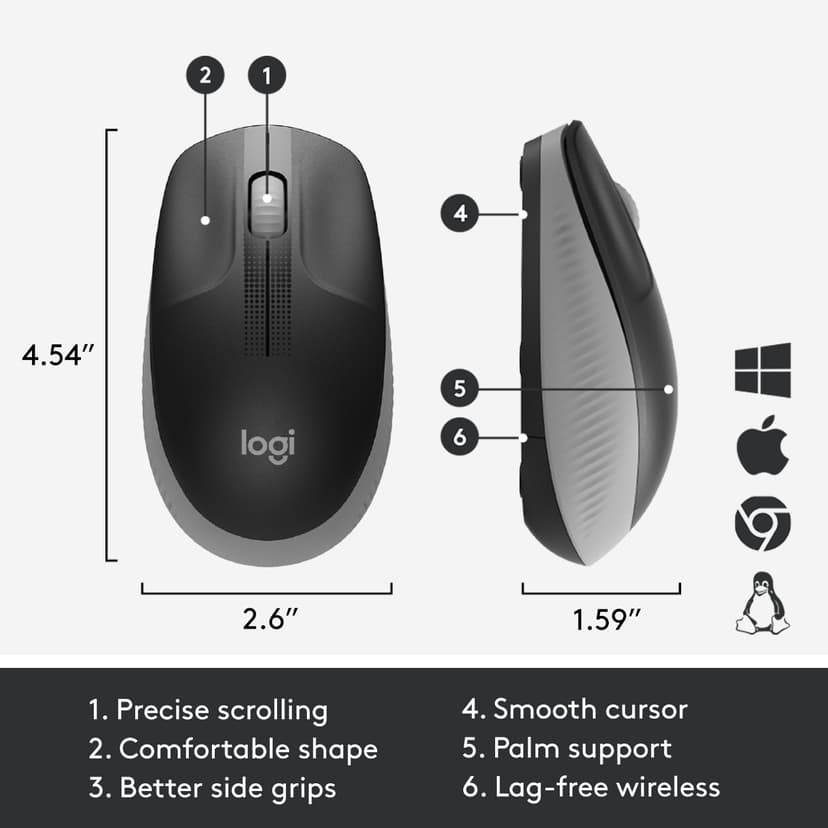 Logitech M190 Full-Size Wireless Mouse - Mid Grey Langaton RF 1000dpi