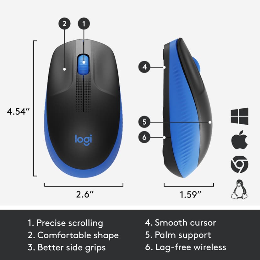 Logitech M190 Full-Size Wireless Mouse - Blue Langaton RF 1000dpi
