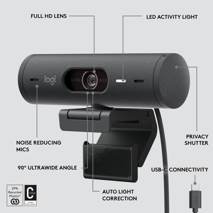 Logitech Brio 500 USB-C Verkkokamera Harmaa