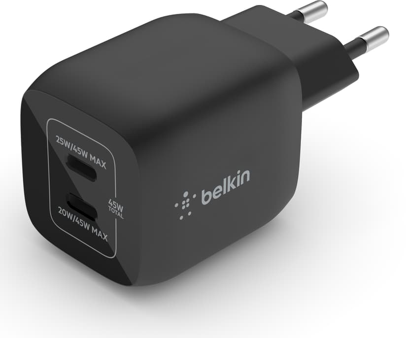 Belkin 45W USB-C Gan PD PPS Dual Wall Charger Musta