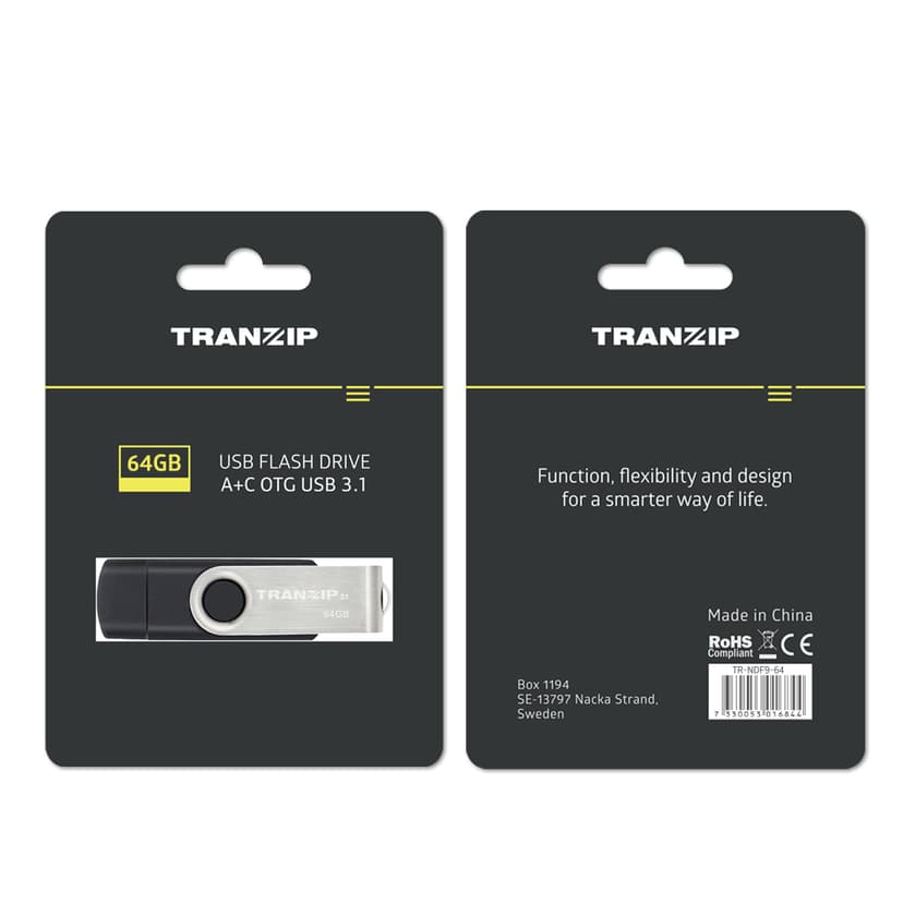 Tranzip Flip Duo 64GB USB Type-A / USB Type-C Musta, Monivärinen, Ruostumaton teräs