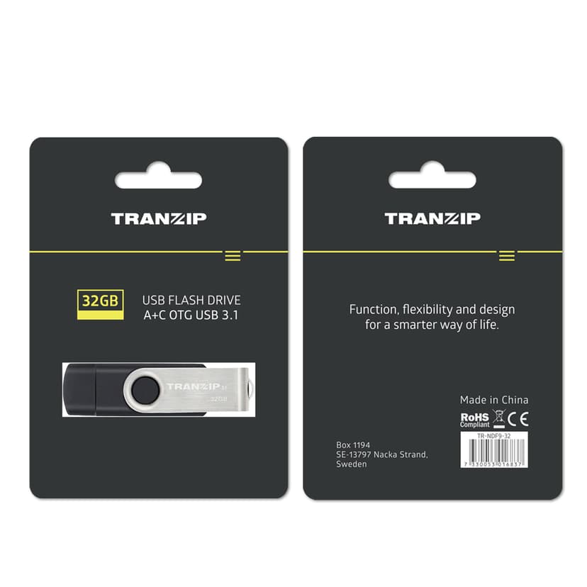 Tranzip Flip Duo 32GB USB Type-A / USB Type-C Musta, Monivärinen, Ruostumaton teräs