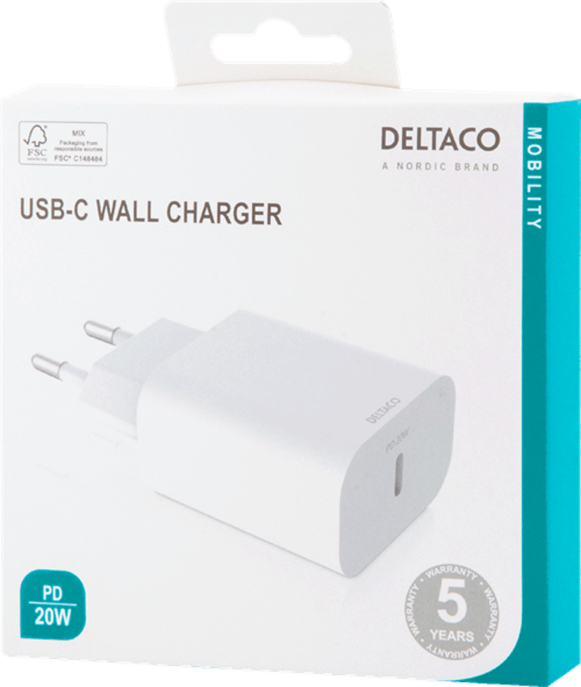Deltaco Deltaco USBC-AC144 mobiililaitteen laturi Älypuhelin Valkoinen AC Sisätila, Ulkona Valkoinen
