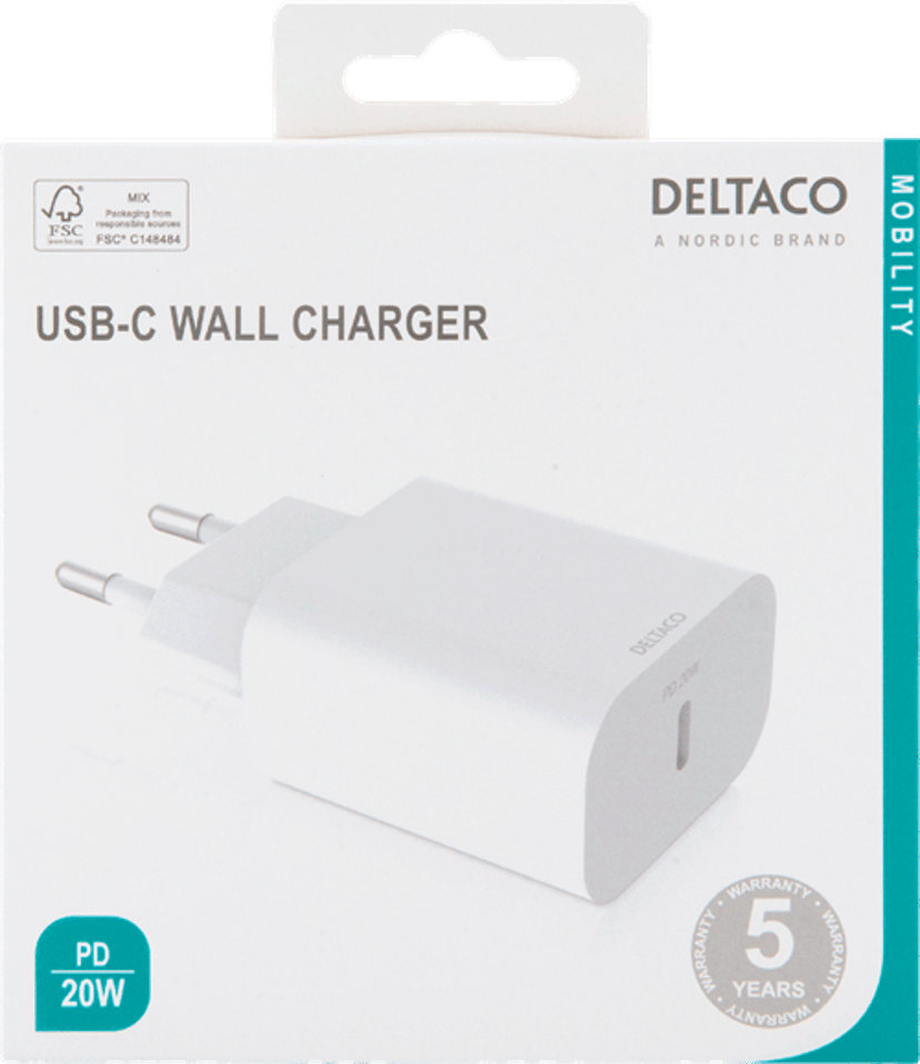 Deltaco Deltaco USBC-AC144 mobiililaitteen laturi Älypuhelin Valkoinen AC Sisätila, Ulkona Valkoinen