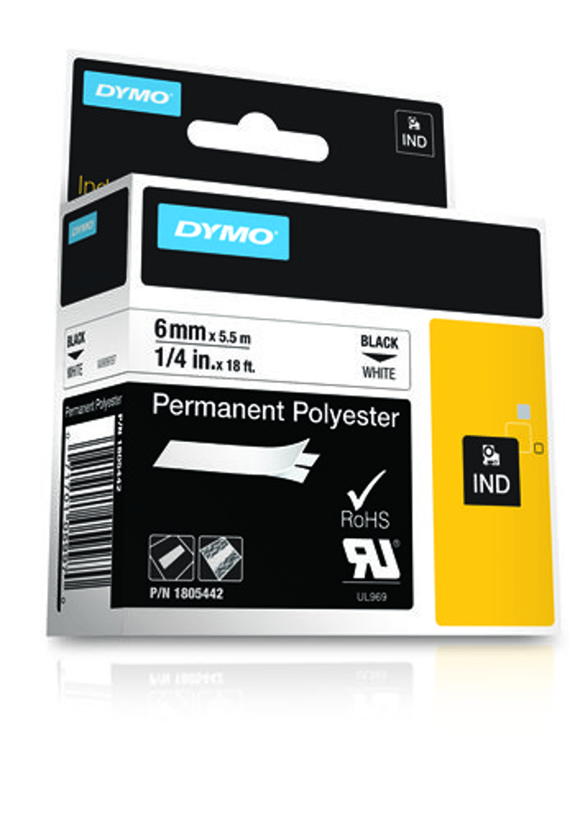 Dymo Tape RhinoPRO Pysyvä Polyesteri 6mm Musta/Valkoinen