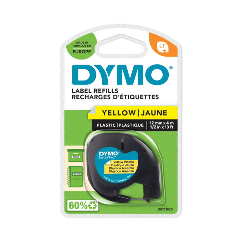 Dymo Tape LetraTag 12mm Muovi Keltainen