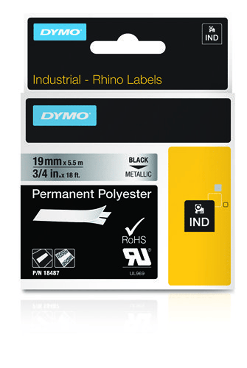 Dymo Tape RhinoPRO Pysyvä Polyesteri 19mm Musta/Metallinen