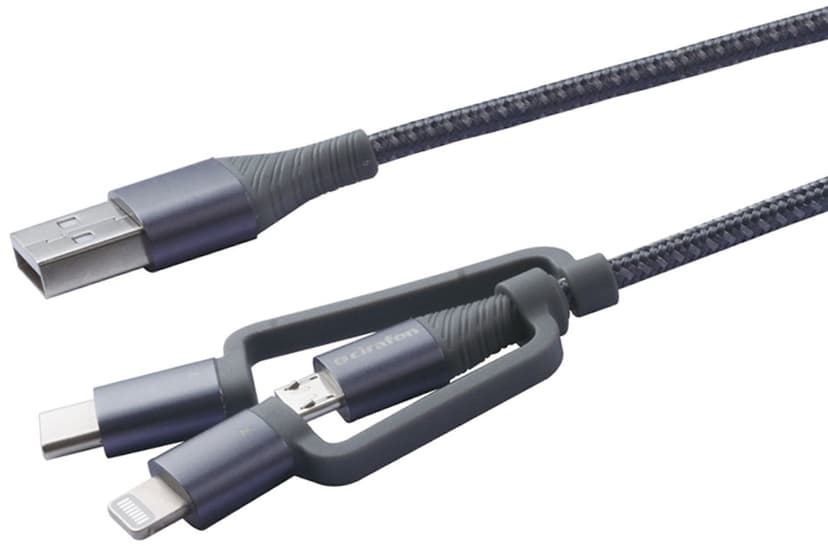Cirafon Sync/Charge Cable AM To 3-In-One 1.2m Braided B MFI 1.2m USB A USB C/Micro-USB B/Lightning Harmaa