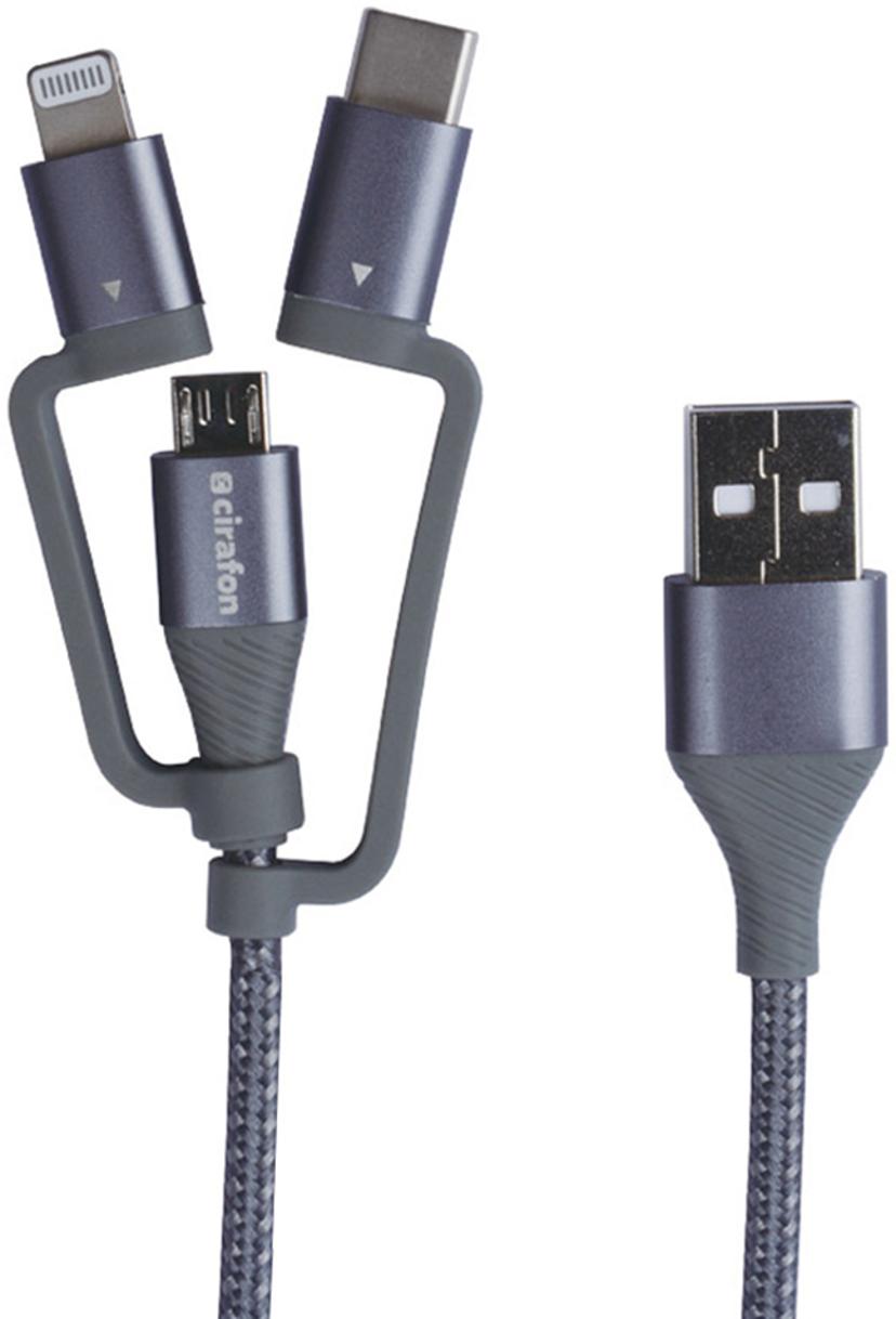 Cirafon Sync/Charge Cable AM To 3-In-One 1.2m Braided B MFI 1.2m Grå