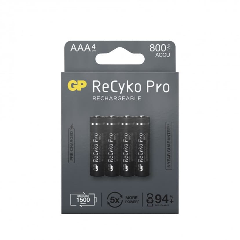 GP 4 kpl ladattavaa Recyko Pro AAA 850mAh akkua