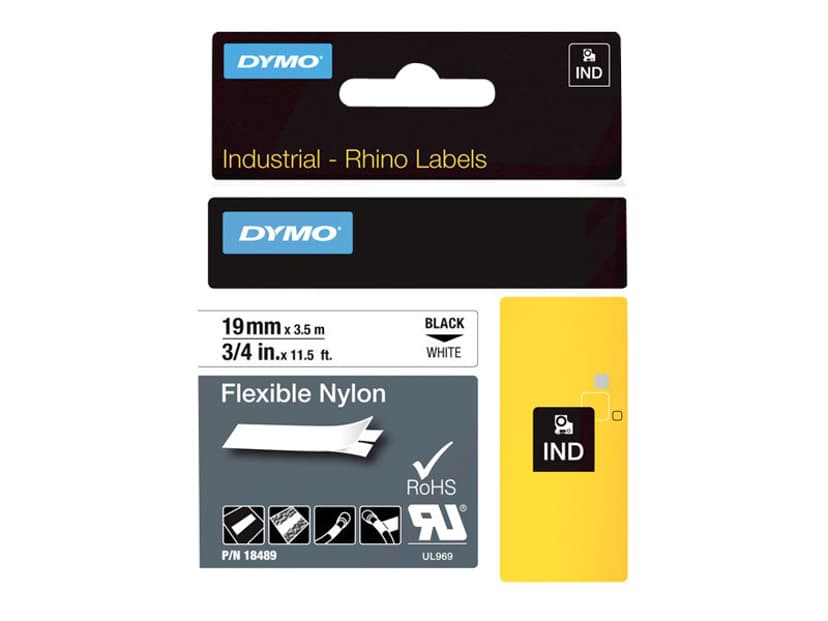 Dymo Tape RhinoPRO Joustava Nylon 19mm Musta/Valkoinen