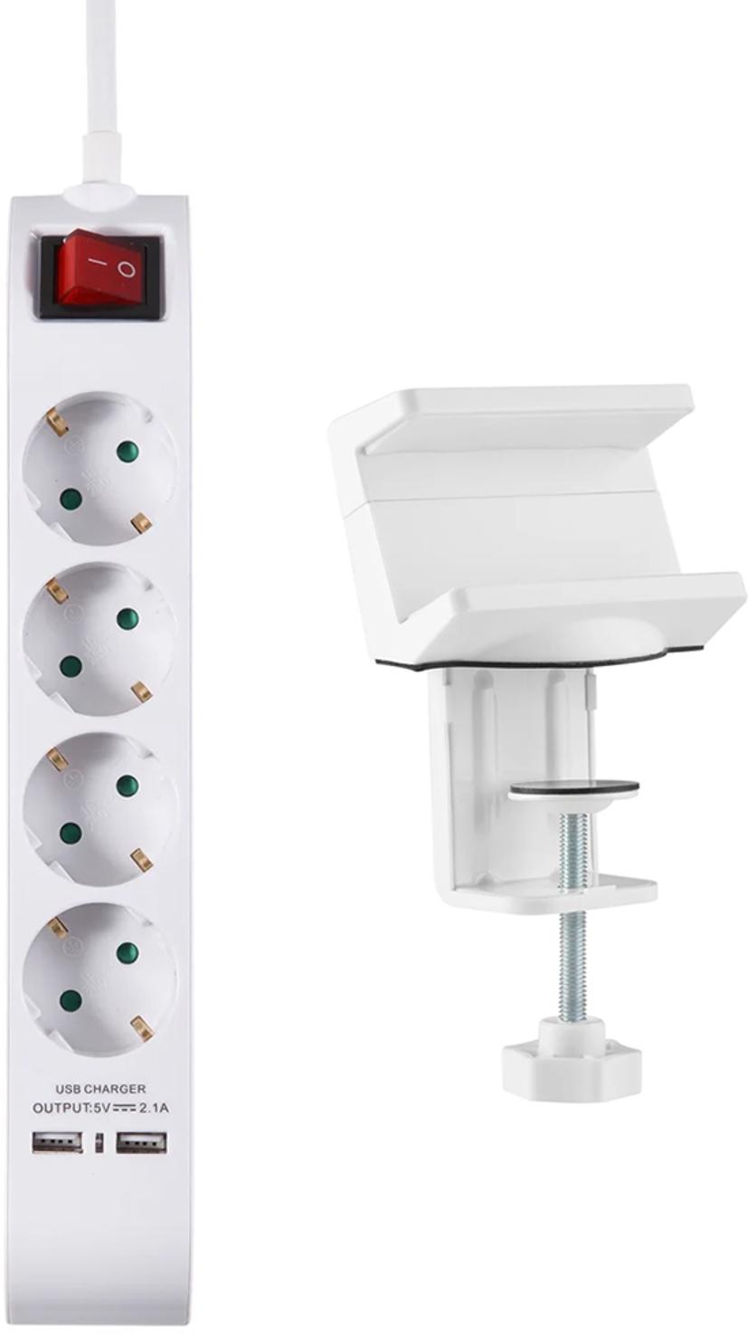 Prokord 4Xsocket 5M White 2Xusb + Powerstrip Holder #Kit 4st 2 x 4 pin USB Type A, Ström CEE 7/4