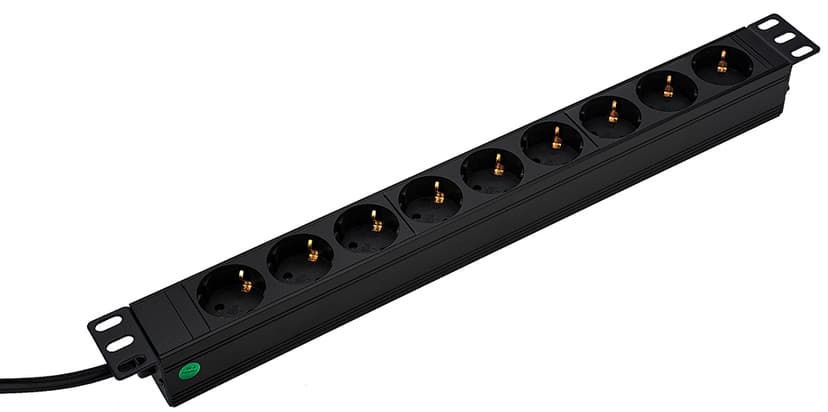 Prokord 19" grenuttak, 9 uttak, 2 m kabel, svart 19" 9st CEE 7/3 strøm