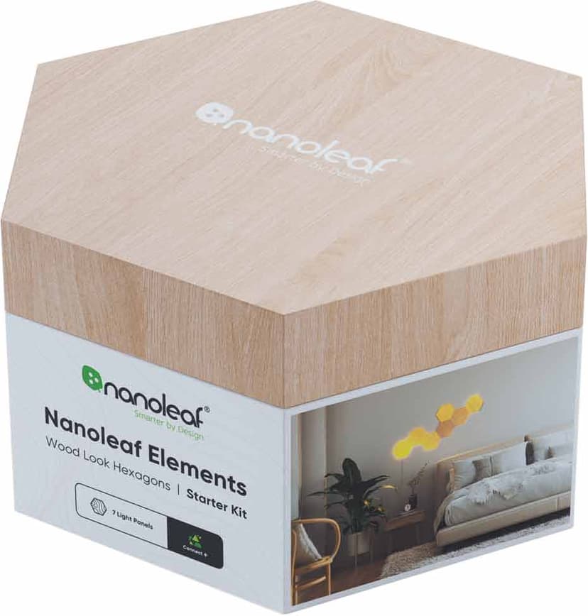 Nanoleaf Elements Wood Lock Hexagones -aloituspakkaus, jossa on 7 paneelia