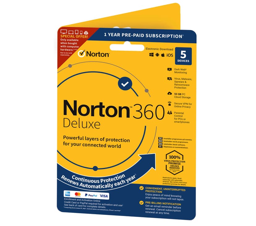 NortonLifeLock 360 Deluxe - (Tietokoneen, tabletin tai matkapuhelimen oston yhteydessä) 12kuukausi/kuukautta