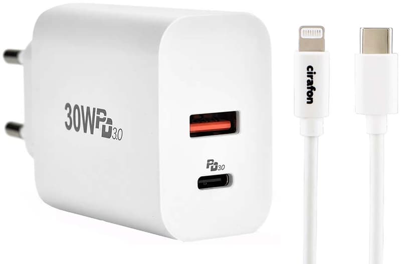 Cirafon Wall Charger 30W USB C/A + Cm To Lightning Cable Hvid