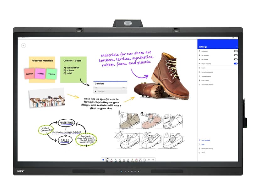 NEC MultiSync WD551 55" Windows Collaboration Display med innebygd kamera, mikrofon og høyttalere.