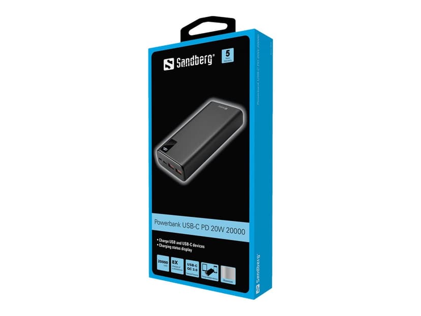 Sandberg PowerBank 20000 mAh PD 20W USB-C, musta 20000mAh