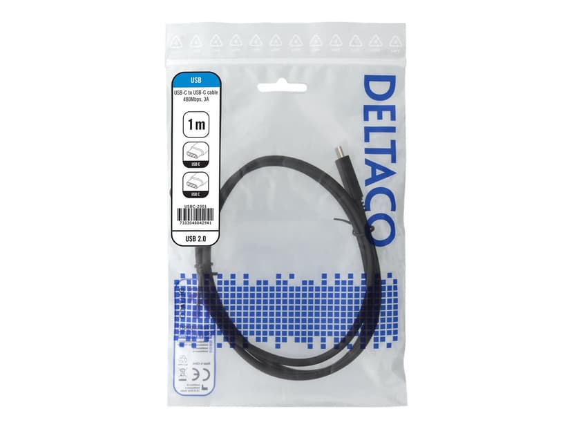 Deltaco USB-C laddningskabel USB 2.0 3A 1m USB-C Hane USB-C Hane