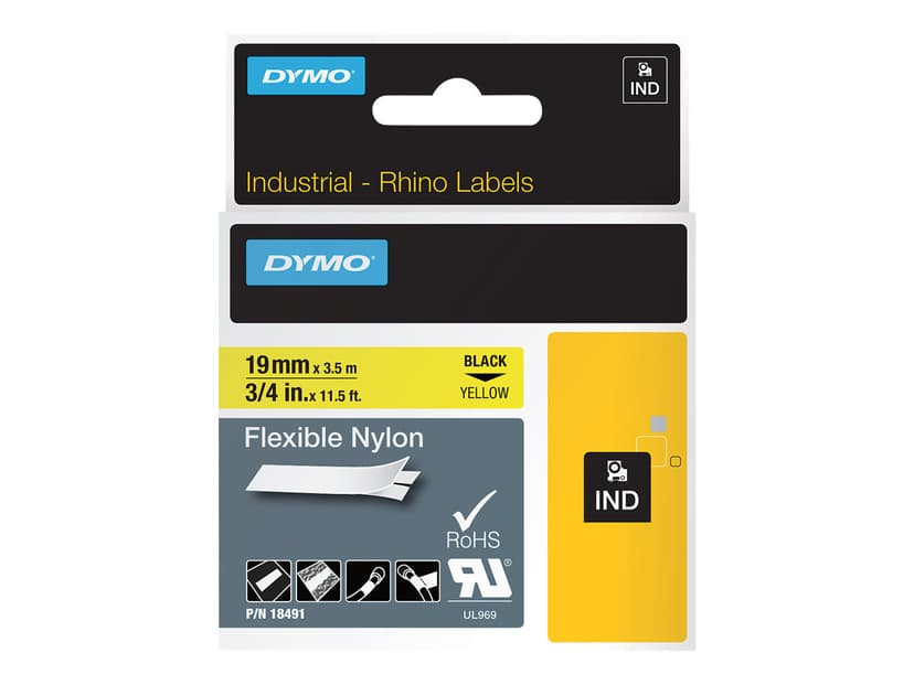 Dymo Tape RhinoPRO Joustava Nylon 19mm Musta/Keltainen