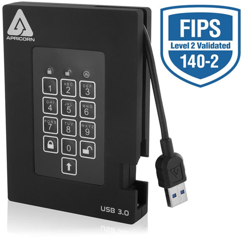 Apricorn Padlock Fortress 1TB USB 3.0 1Tt 1Tt 2.5" 5400kierrosta/min USB 3.0 Musta
