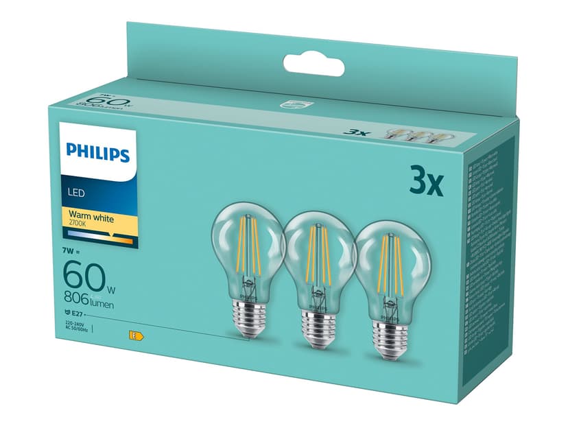 Philips LED E27, normaali, kirkas, 7 W (60 W), 806 luumenia, 3 kpl pakkaus