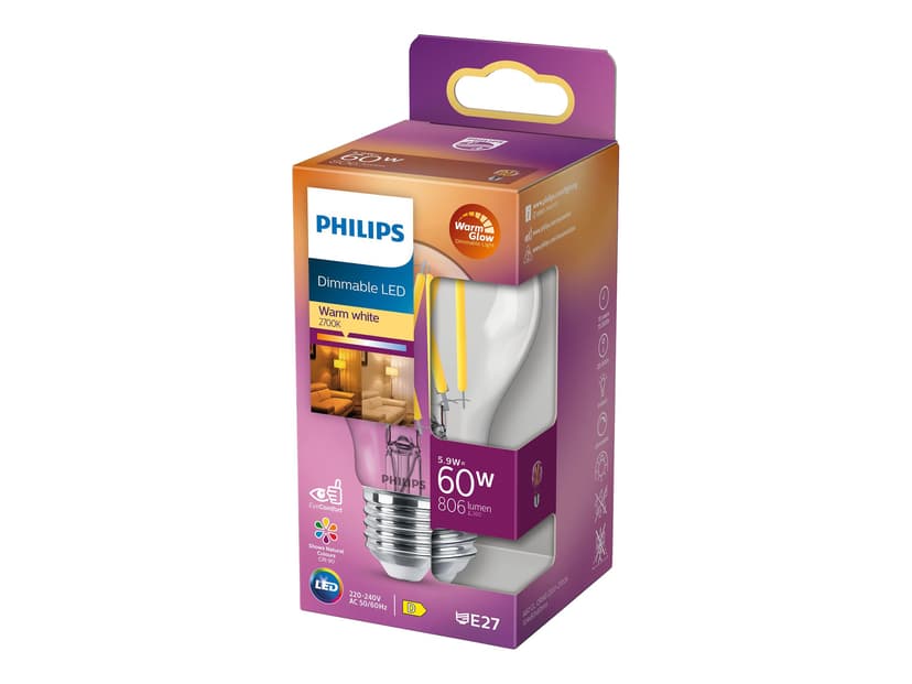 Philips LED E27, normaali, kirkas, himmennettävä, 5,9 W (60 W) 806 luumenia