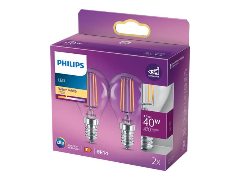 Philips LED E14 Globe Clear 3.4W (40W) 470 Lumen 2-Pack